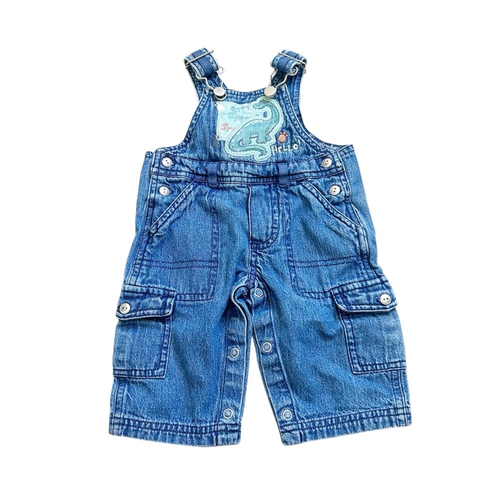 Vintage Kids Blue Soft Denim Cargo Overalls with Dinosaur Design Fall Winter
